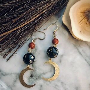 Gold and Black Crescent Moon Earrings